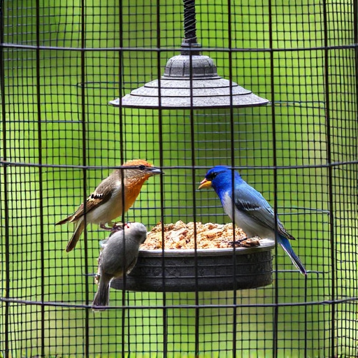 Birds feeding inside squirrel-proof cage