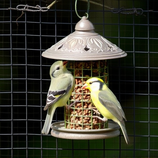 Birds feeding inside squirrel-proof cage