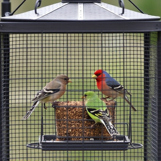 Birds feeding inside squirrel-proof cage