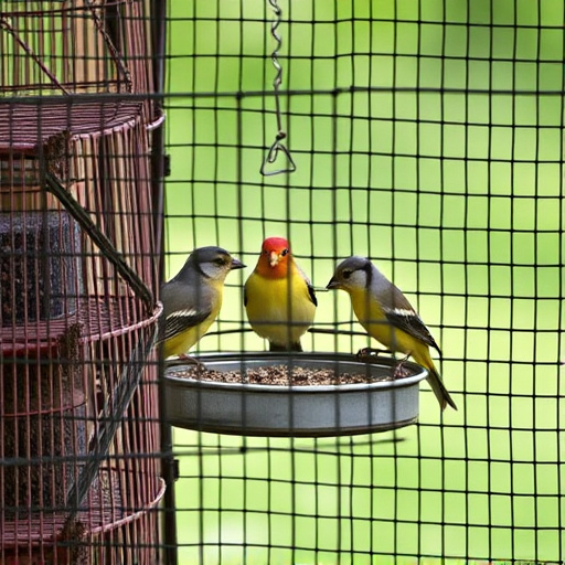 Birds feeding inside squirrel-proof cage