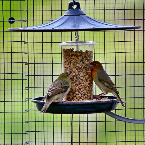 Birds feeding inside squirrel-proof cage