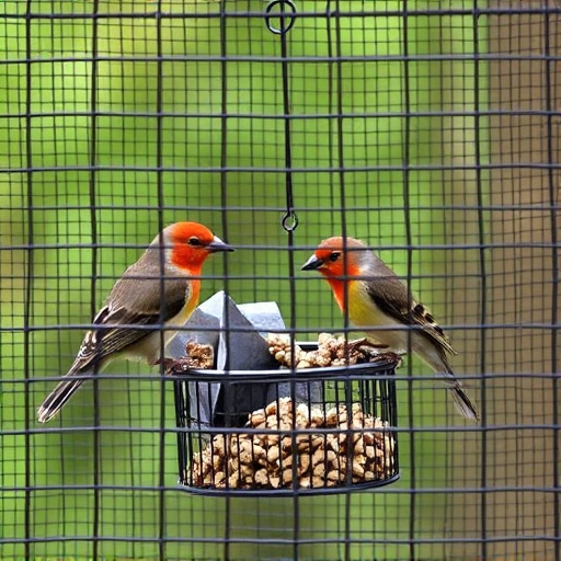 Birds feeding inside squirrel-proof cage