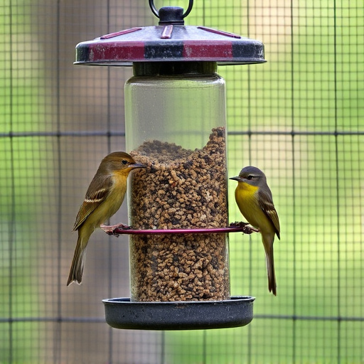 Birds feeding inside squirrel-proof cage