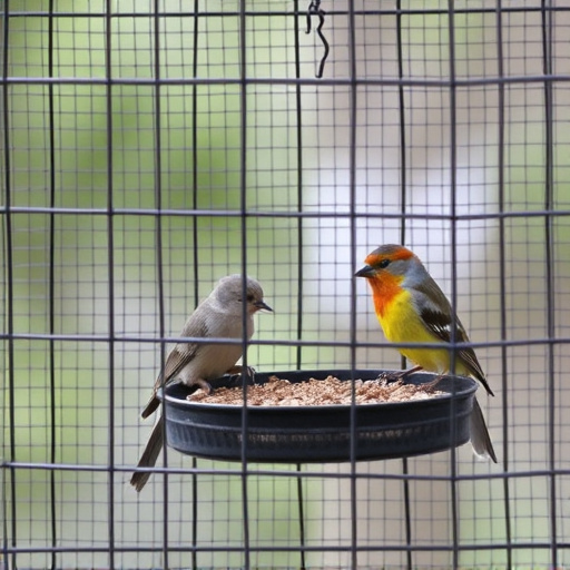 Birds feeding inside squirrel-proof cage
