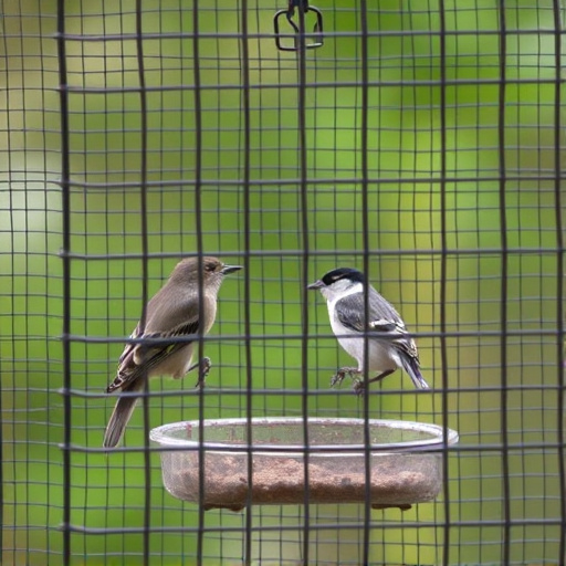Birds feeding inside squirrel-proof cage