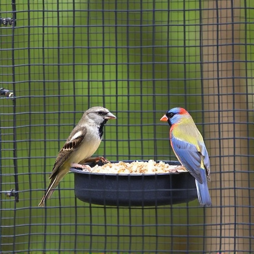 Birds feeding inside squirrel-proof cage