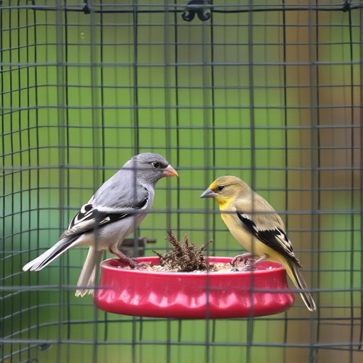 Birds feeding inside squirrel-proof cage