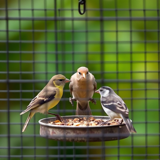 Birds feeding inside squirrel-proof cage