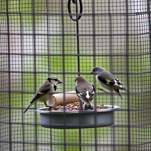 Birds feeding inside squirrel-proof cage