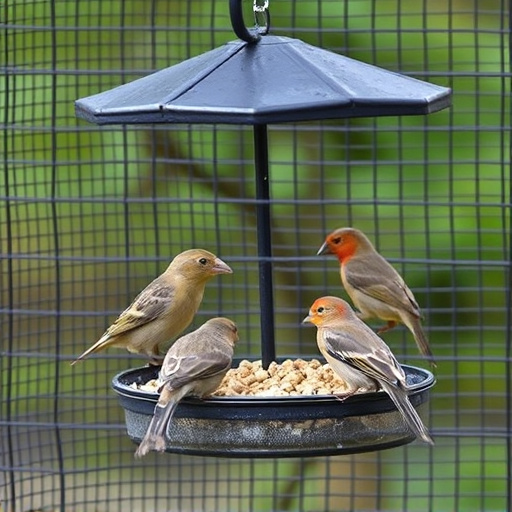Birds feeding inside squirrel-proof cage