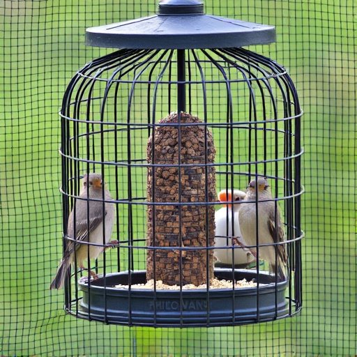 Birds feeding inside squirrel-proof cage