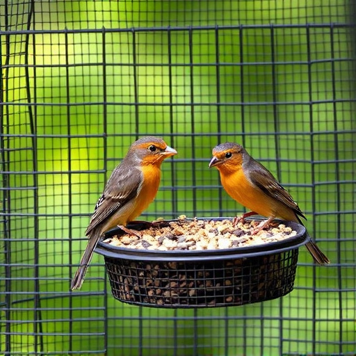 Birds feeding inside squirrel-proof cage