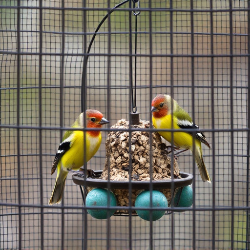 Birds feeding inside squirrel-proof cage