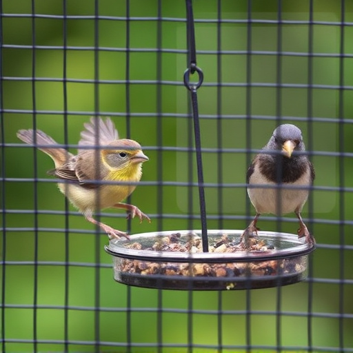 Birds feeding inside squirrel-proof cage