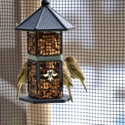 Birds feeding inside squirrel-proof cage