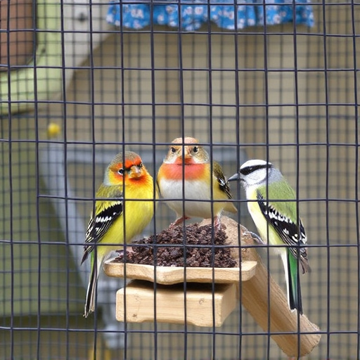 Birds feeding inside squirrel-proof cage