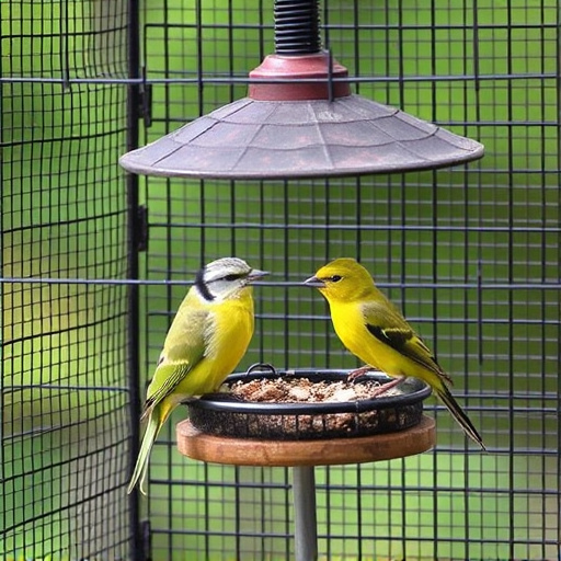 Birds feeding inside squirrel-proof cage