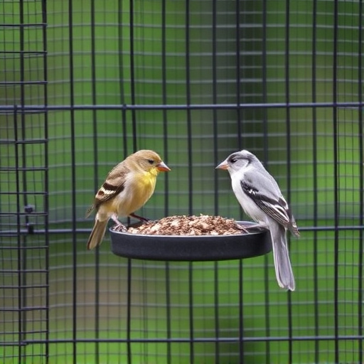 Birds feeding inside squirrel-proof cage