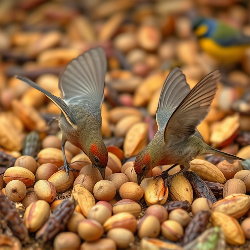 Birds feeding on fallen nuts