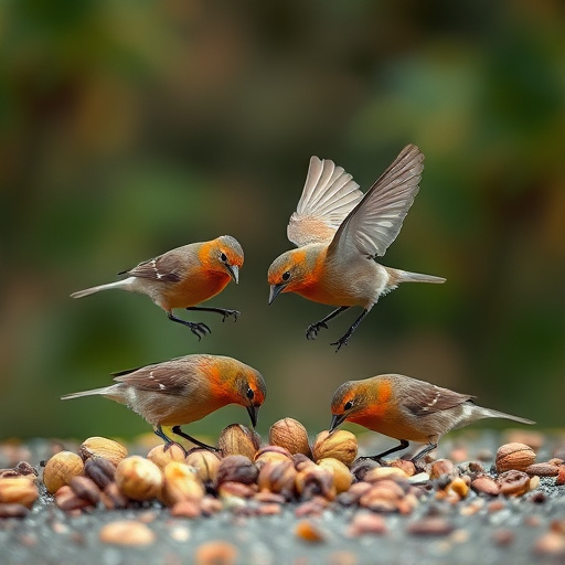 Birds feeding on fallen nuts