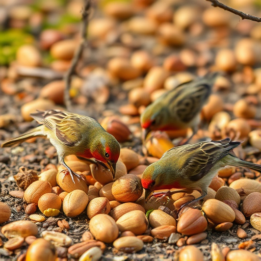 Birds feeding on fallen nuts