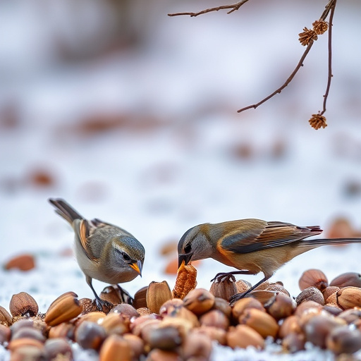 Birds feeding on fallen nuts