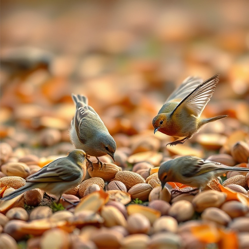 Birds feeding on fallen nuts