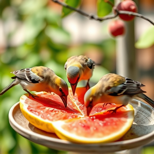 Birds feeding on fruit slices outdoors