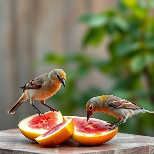 Birds feeding on fruit slices outdoors