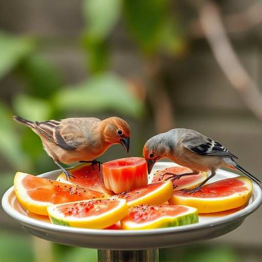 Birds feeding on fruit slices outdoors