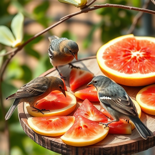 Birds feeding on fruit slices outdoors