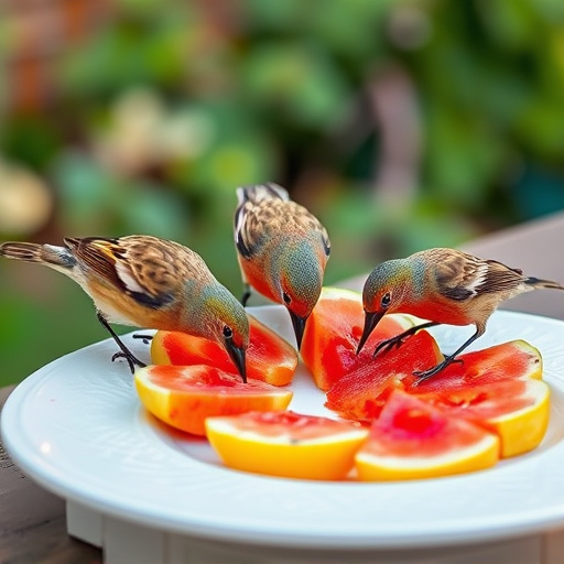Birds feeding on fruit slices outdoors