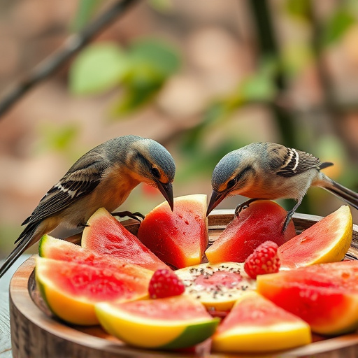 Birds feeding on fruit slices outdoors