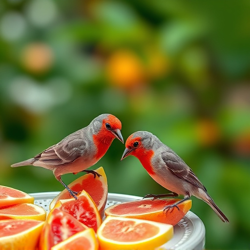 Birds feeding on fruit slices outdoors