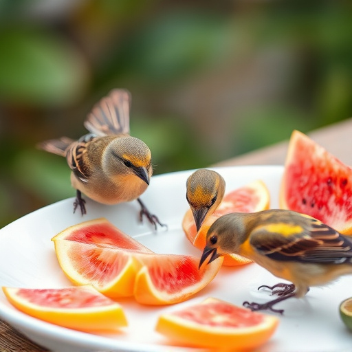 Birds feeding on fruit slices outdoors