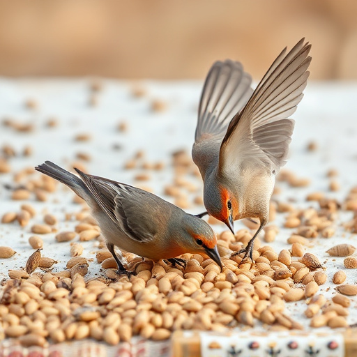 Birds feeding on scattered seeds