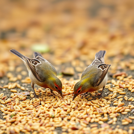 Birds feeding on scattered seeds