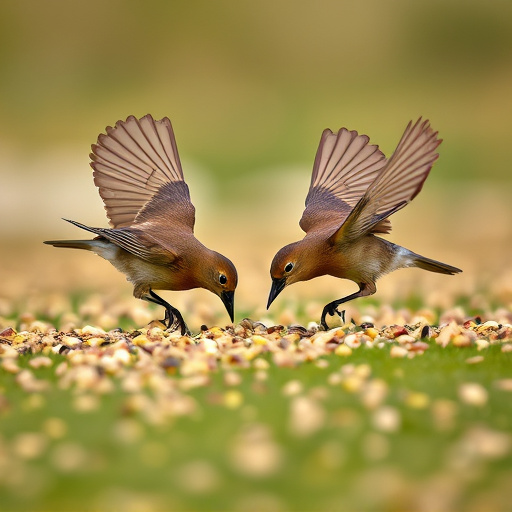Birds feeding on scattered seeds