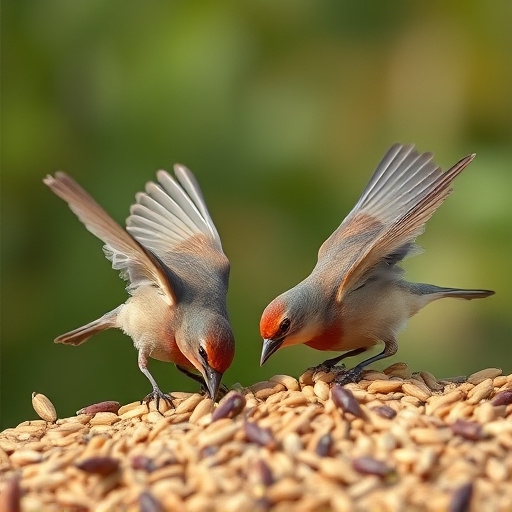 Birds feeding on scattered seeds