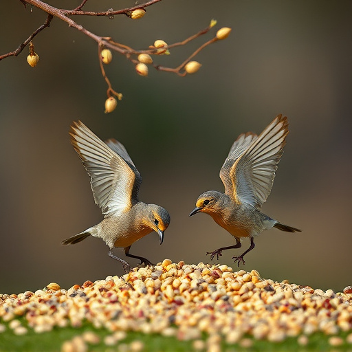 Birds feeding on scattered seeds