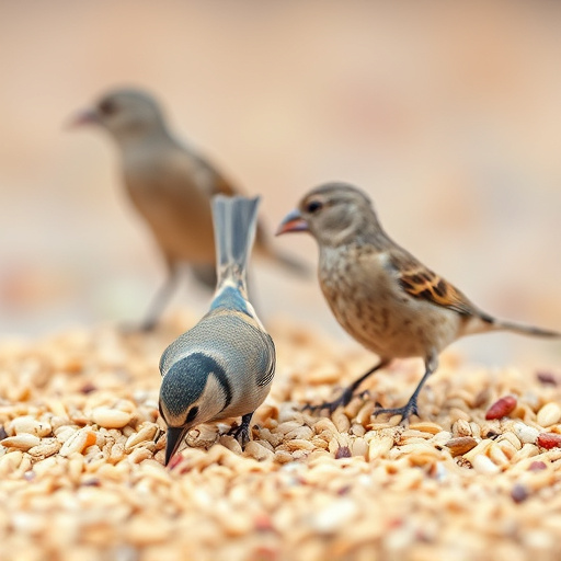 Birds feeding on scattered seeds