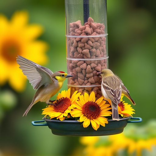 Birds feeding on sunflower hearts feeder