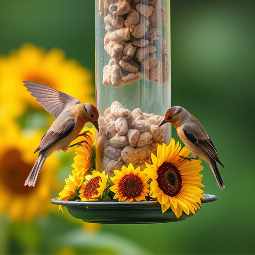 Birds feeding on sunflower hearts feeder