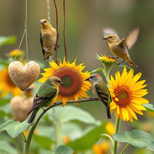 Birds feeding on sunflower hearts outdoors