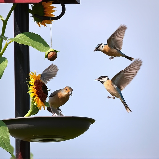 Birds feeding on sunflower hearts outdoors