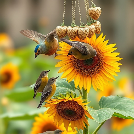 Birds feeding on sunflower hearts outdoors