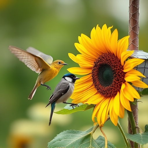 Birds feeding on sunflower hearts outdoors