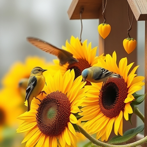 Birds feeding on sunflower hearts outdoors
