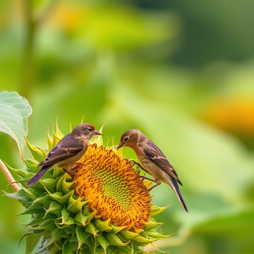 Birds feeding on sunflower seeds