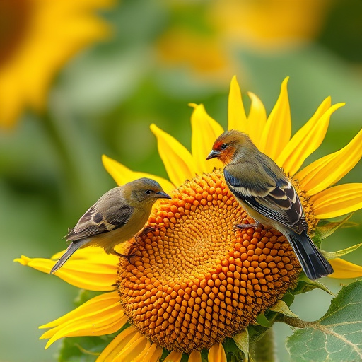 Birds feeding on sunflower seeds